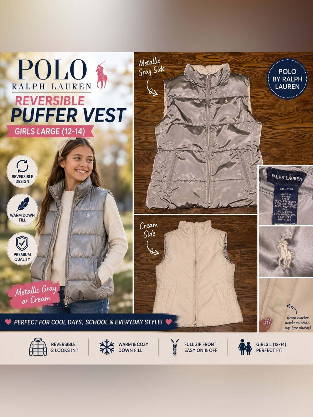 Polo Ralph Lauren Girls Reversible Puffer Vest Metallic Gray/Cream Size L 12-14